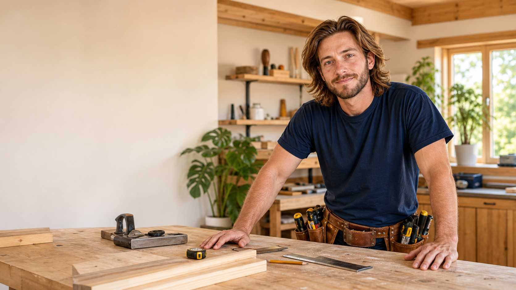 A craftsman in a bright woodworking shop.