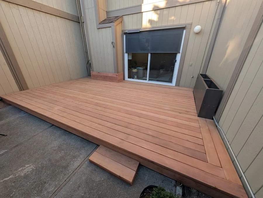 Finished wood deck and trim work.
